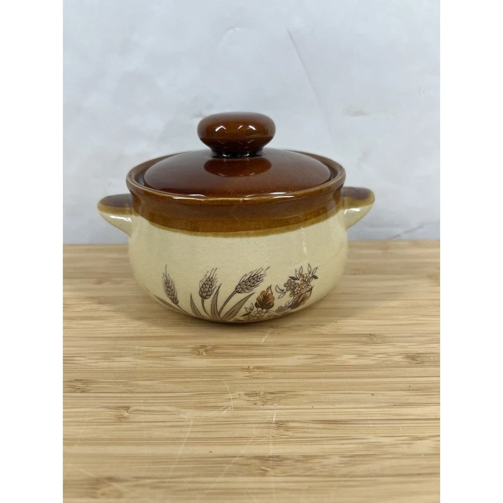Vintage Stoneware Casserole Dish w Lid Wheat Floral Oven‎ Proof Japan